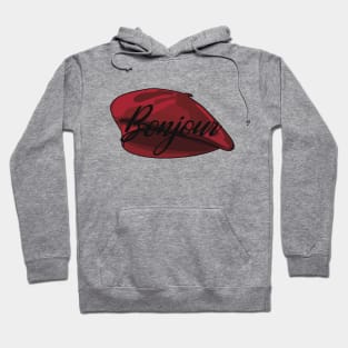 Red French Beret with the word 'bonjour' in it Hoodie